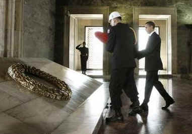 President Barack Obama begins his day in Ankara, Turkey at a wreath laying ceremony at Anitkabir Mausoleum on April 6, 2009.