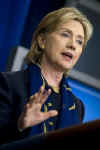 Secretary of State Hillary Clinton speaks to the media in the Press Briefing Room and said the meetings are forging a new front against extremists.