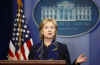 Secretary of State Hillary Clinton speaks to the media in the Press Briefing Room and said the meetings are forging a new front against extremists.