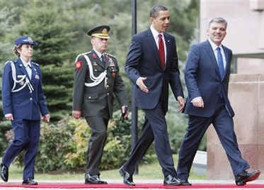 President Barack Obama meets with Turkish President Abdullah Gul and Turkish delegates at Cankaya Palace in Ankara, Turkey.