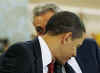 US Chief of Staff Rahm Emanuel speaks to Obama at meeting. President Barack Obama meets with Turkish President Abdullah Gul and Turkish delegates at Cankaya Palace in Ankara, Turkey.