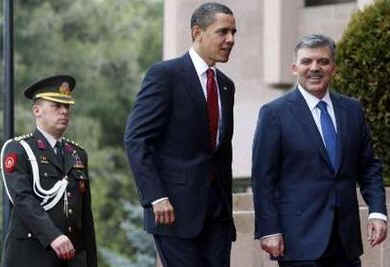 President Barack Obama meets with Turkish President Abdullah Gul and Turkish delegates at Cankaya Palace in Ankara, Turkey.