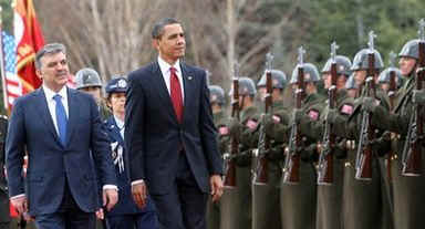 President Barack Obama attends a Welcome Ceremony on the grounds of Cankaya Palace with Turkey's President Abdullah Gul.