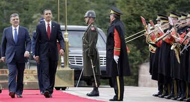 President Barack Obama attends a Welcome Ceremony on the grounds of Cankaya Palace with Turkey's President Abdullah Gul.