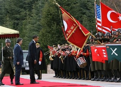 President Barack Obama attends a Welcome Ceremony on the grounds of Cankaya Palace with Turkey's President Abdullah Gul.