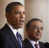 President Barack Obama speaks to the media in the Grand Foyer of the White House after trilateral meetings.