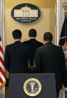 President Barack Obama after delivering remarks on reducing spending in the budget with Budget Director Peter Orzag and Deputy Budget Director Robert Nabors.