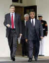 Reverend Al Sharpton, Former Speaker of the House Newt Gingrich, and New York Mayor Michael Bloomberg, speak on the White House grounds after meeting with President Barack Obama and Education Secretary Arne Duncan.