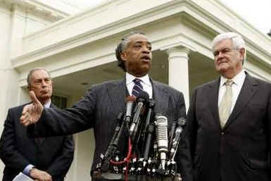 Reverend Al Sharpton, Former Speaker of the House Newt Gingrich, and New York Mayor Michael Bloomberg, speak on the White House grounds after meeting with President Barack Obama and Education Secretary Arne Duncan.