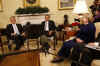 President Barack Obama, Secretary of State Hillary Clinton, and National Security Advisor James Jones talk to the media after meeting with Russian Foreign Minister Sergey Lavrov in the Oval Office of the White House on May 7, 2009.