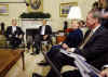 President Barack Obama, Secretary of State Hillary Clinton, and National Security Advisor James Jones talk to the media after meeting with Russian Foreign Minister Sergey Lavrov in the Oval Office of the White House on May 7, 2009.