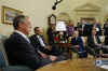 President Barack Obama, Secretary of State Hillary Clinton, and National Security Advisor James Jones talk to the media after meeting with Russian Foreign Minister Sergey Lavrov in the Oval Office of the White House on May 7, 2009.