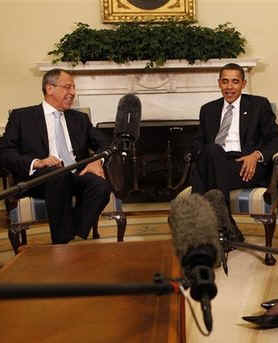 President Barack Obama, Secretary of State Hillary Clinton, and National Security Advisor James Jones talk to the media after meeting with Russian Foreign Minister Sergey Lavrov in the Oval Office of the White House on May 7, 2009.