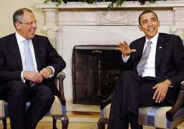 President Barack Obama, Secretary of State Hillary Clinton, and National Security Advisor James Jones talk to the media after meeting with Russian Foreign Minister Sergey Lavrov in the Oval Office of the White House on May 7, 2009.