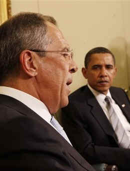 President Barack Obama, Secretary of State Hillary Clinton, and National Security Advisor James Jones talk to the media after meeting with Russian Foreign Minister Sergey Lavrov in the Oval Office of the White House on May 7, 2009.