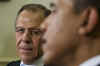 President Barack Obama, Secretary of State Hillary Clinton, and National Security Advisor James Jones talk to the media after meeting with Russian Foreign Minister Sergey Lavrov in the Oval Office of the White House on May 7, 2009.