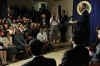 President Barack Obama makes an unannounced visit to a Spanish language Town Hall meeting in the Eisenhower Executive Office Building on May 8, 2009.