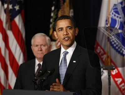 President Barack Obama speaks at the Eisenhower Executive Office Building with Defense Secretary Robert Gates and Veterans Affairs Secretary Eric Shinseki about improving Veterans health care.