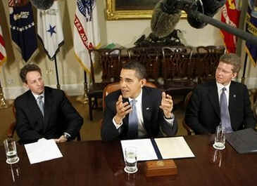 President Barack Obama meets in the Roosevelt Room of the White House with Treasury Secretary Tim Geithner and Housing and Urban Development Secretary Shaun Donovan to discuss the housing industry and the impact of low interest rates.