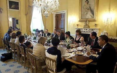 President Obama hosts a traditional Seder dinner for family and friends in the Old Family Dining Room of the White House.