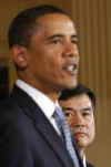 President Barack Obama attends the swearing in ceremonies of two Cabinet Ministers in the White House on May 1, 2009.
