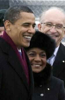 President Barack Obama is greeted at the airport by Canadian Governor General Michaelle Jean at Ottawa airport.