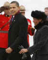 ObamaEh.com - Canada and Barack Obama - President Barack Obama visits Canada on February 19 2009. President Obama makes Canada his first foreign trip as US President. Photo: President Barack Obama is greeted at the airport by Canadian Governor General Michaelle Jean at Ottawa airport.