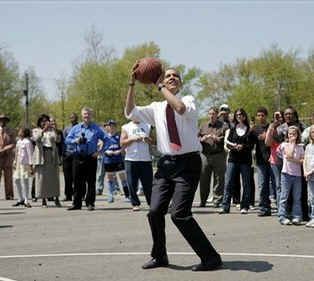 Watch the Official White House YouTube of Obama's NBA All Star Game Message on 2/15/09. Barack Obama throws a few hoops while on the 2008 campaign trail. These photos are from Obama's visit to Elkhart Indiana School. Obama played basketball on the night before the election. Obama campaign photos taken May 4, 2008.