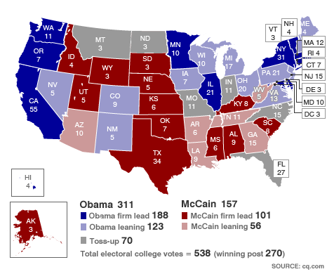 The November 4, 2008 Presidential election night electoral map shows Barack Obama with enough votes to be declared President (270 required to win). The late election night count had Obama leading 311 to 157. Days later the final numbers were in, and Obama had a good year with 365 electoral votes and McCain lost with 173 electoral votes.