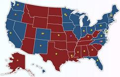 The final State map shows electoral vote by color (blue for Democrat and red for Republican). The November 4, 2008 Presidential election night electoral map (right) shows Barack Obama with enough votes to be declared President (270 required to win). The late election night count had Obama leading 311 to 157. Days later the final numbers were in, and Obama had a good year with 365 electoral votes and McCain lost with 173 electoral votes.