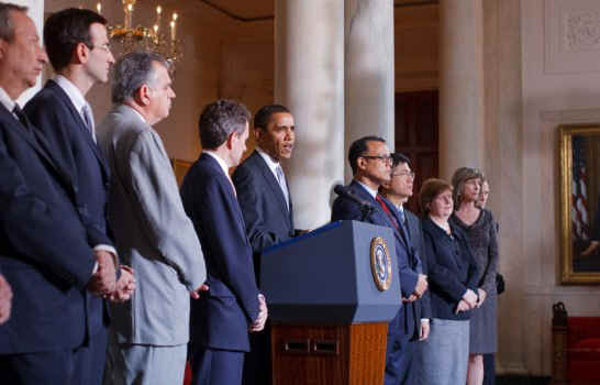 President Barack Obama speaks in the Grand Foyer of the White House on the administration's ongoing plans for the auto industry.